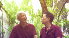亚洲的一对老夫妇坐在绿柳树下散步