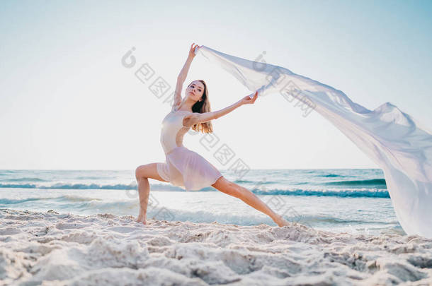 年轻美丽的芭蕾舞演员在海边跳芭蕾，巨大的丝绸织物在风中飘扬。自然界中的柔情、轻盈、艺术和天赋的概念