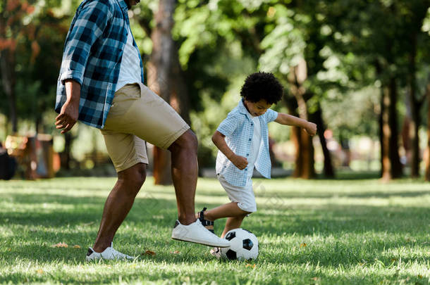 裁剪的看法，非洲美国父亲踢足球与儿子 