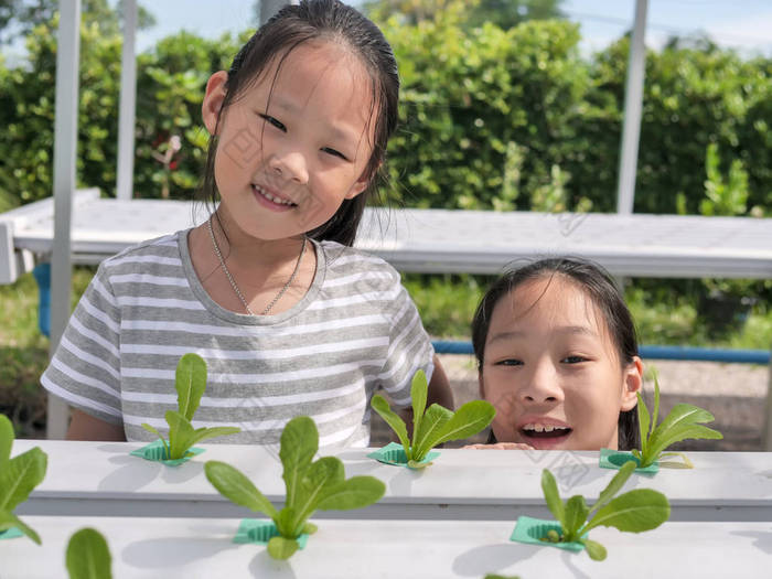 快乐的亚洲孩子享受在 yyydo学术系统温室, 食物和农业概念