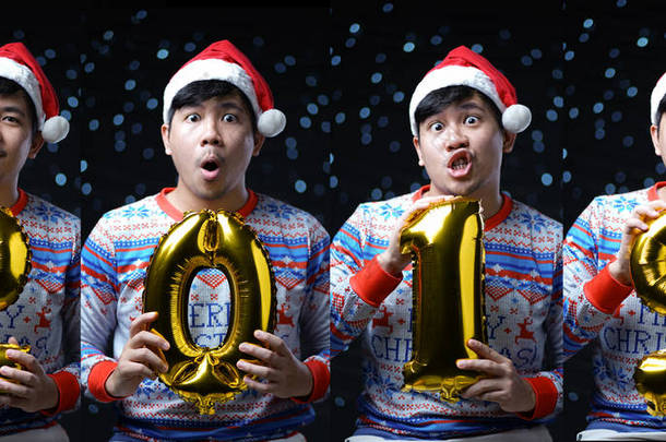 男子穿着圣诞服装举行2019年黄<strong>金气球</strong>。多个照片组合.