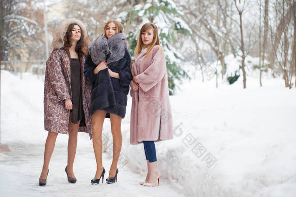 三件毛皮<strong>大衣</strong>的时装模特。全长肖像的年轻美丽优雅的妇女穿着毛皮<strong>大衣</strong>。时尚女孩在街上散步冬天.