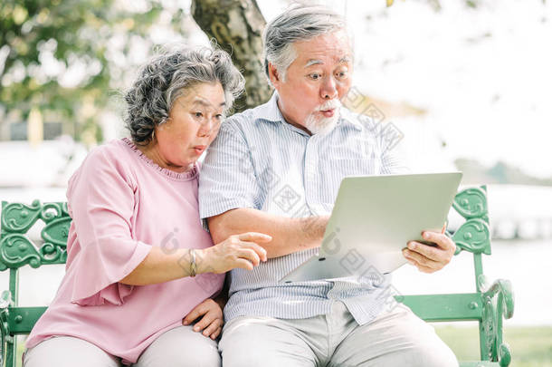 <strong>高级</strong>亚洲夫妇在公园里看着笔记本电脑屏幕时<strong>感</strong>到惊讶和兴奋