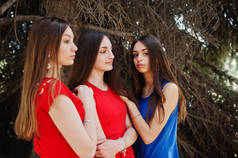 三名少女穿着蓝色和红色连衣裙摆在户外.