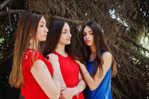 <strong>三名</strong>少女穿着蓝色和红色连衣裙摆在户外.