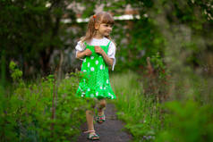 小女孩在阳光明媚的夏日漫步在绿色花园里