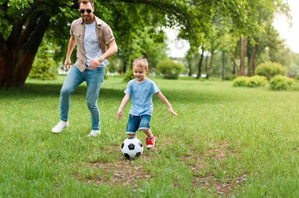 父亲和儿子在公园<strong>踢</strong>足球