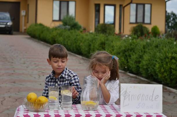 两个小孩都卖过柠檬水在晴朗的日子，标价签与企业家概念的自制柠檬水