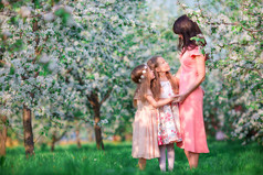 美丽的春日，在盛开的樱桃园里，与年轻母亲在一起的可爱的小女孩