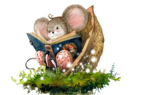 大气吸气。 一只<strong>小老鼠</strong>坐在核桃壳、苔藓地毯和神奇的气氛中，读童话。 水彩画