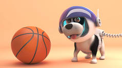 身着宇航服的酷狗探索火星，发现篮球，3D插图