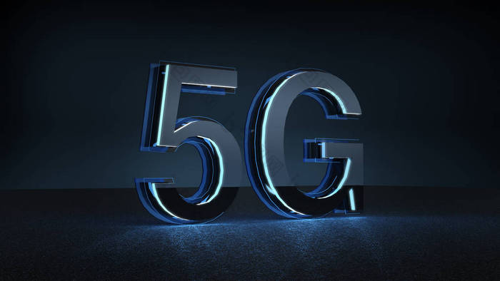 3d. 用蓝色霓虹灯渲染5g 未来字体。移动网络速度通信技术概念