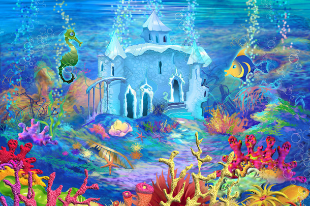 神秘和幻想的海底世界。水下的城堡.