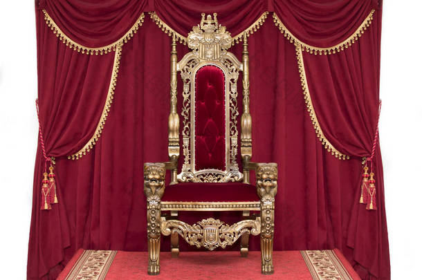 红色皇家<strong>椅子</strong>，背景是红色窗帘。国王的位置。王座