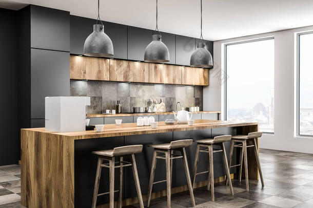 阁楼厨房的角落铺有<strong>瓷砖</strong>地板, 设有灰色台面和带木凳的长杆。与欧洲城市风光的窗口。3d 渲染