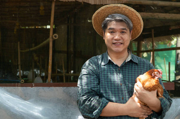 亚洲农民饲养母鸡。在自己家乡的养鸡场里, 带着快乐的姿态