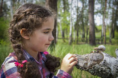 夏天在树林里，一个小女孩在研究蜗牛.
