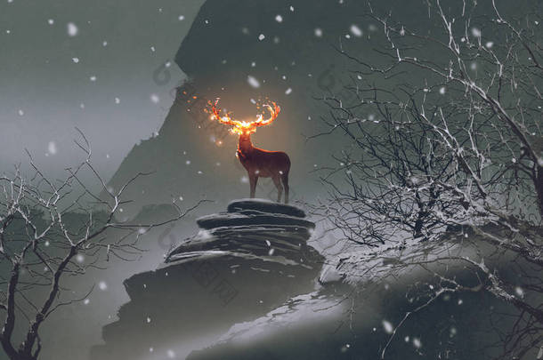 鹿与它的火垫铁站立在岩石在冬天风景, 数字式艺术样式, 例证绘画