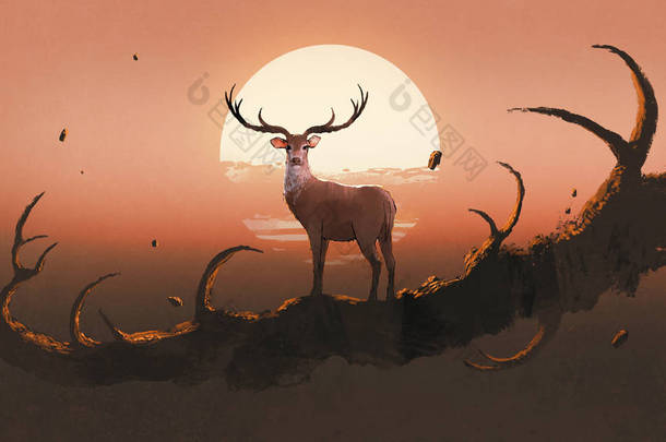鹿站在一个巨大的树枝上, 像一个动物的角反对日落天空, 数字艺术风格, 插图画