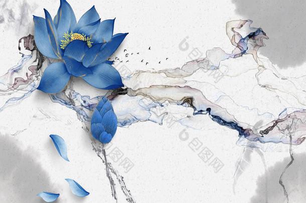 摘要插图，白色背景与灰色斑点，<strong>黑烟</strong>，两朵蓝色大花
