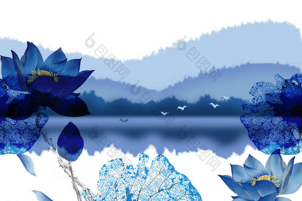 风景图，白色和蓝色背景，森林，雾，蓝色睡莲与叶子，一群鸟飞过湖