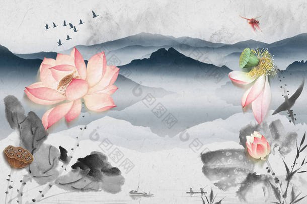 景观插图，湖与渔民，丘陵，大粉红色的花朵，飞鸟群