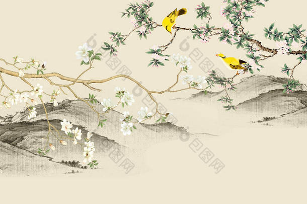 景观米色背景，丘陵，薄花枝，两只黄鸟
