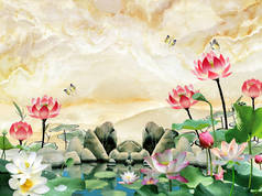 米色大理石背景，白色和粉红色的睡莲与绿叶在池塘