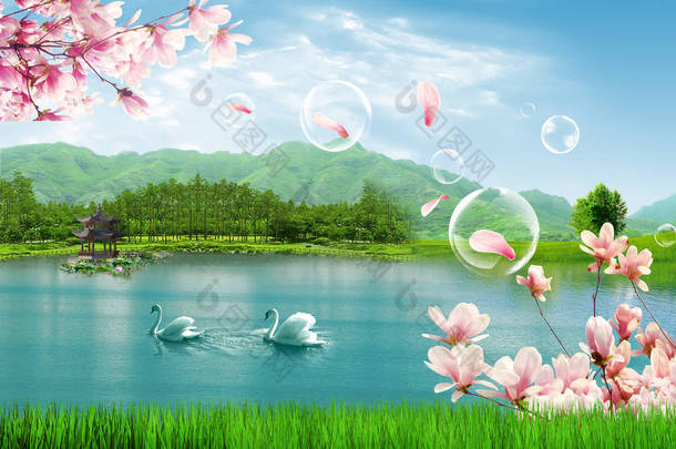 美丽的背景, 湖, 两只天鹅, 肥皂泡沫, 日本建筑