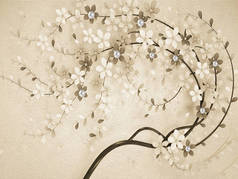米色插图，纹理背景，薄弯曲树与米色花，银色珍珠在暗花