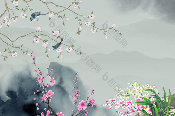 黑暗景观插图，云彩，花枝与坐鸟，灌木与粉红色和浅绿色的花朵
