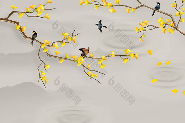 灰色背景，水滴的圆圈，棕色的树枝与黄叶，鸟坐在树枝上