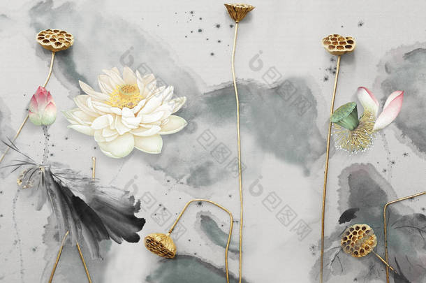 3d 插图，灰色背景，黑点，白色和粉红色睡莲，无花瓣的花蕾