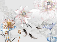 3d 插图，灰色背景，粉红色，蓝色和米色神话般的花，深灰色鱼