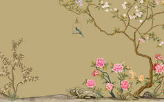 深色米色的背景，粉红色的大牡丹，笼中的小鸟挂在一棵细长弯曲的开花树上