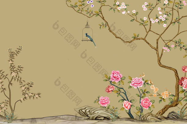 深色米色的背景，粉红色的大牡丹，笼中的小鸟挂在一棵细长弯曲的开花树上