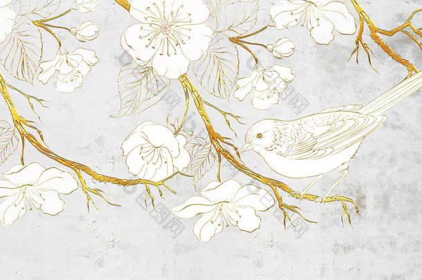 金树，白色的大花朵，灰色背景的白鸟