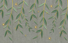 灰色的结构背景，长分枝，绿叶，抽象的黄花芽