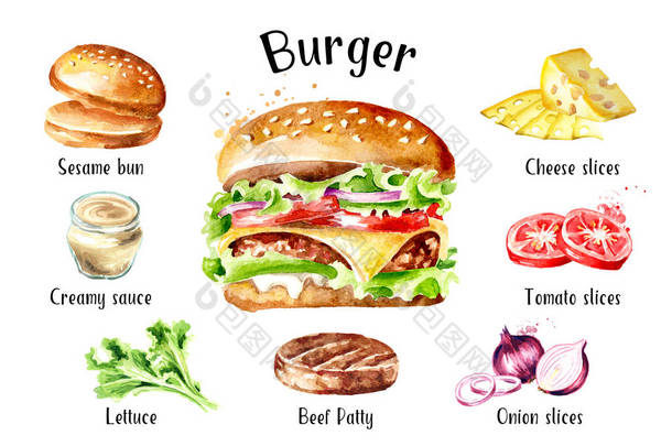 汉堡与<strong>奶酪</strong>和蔬菜成分设置。水彩手绘插图，在白色背景上隔离