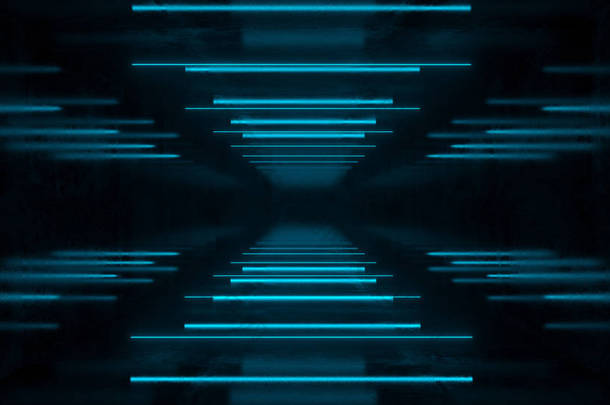 高反射暗科幻未来的空房间与许多霓虹灯管蓝光发光技术概念3d 渲染插图