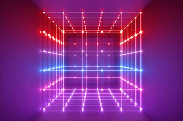 3d 渲染, 发光线, 霓虹灯, 抽象的迷幻背景, 立方体笼, 紫外线, 红外线, 频谱鲜艳的颜色, 激光显示