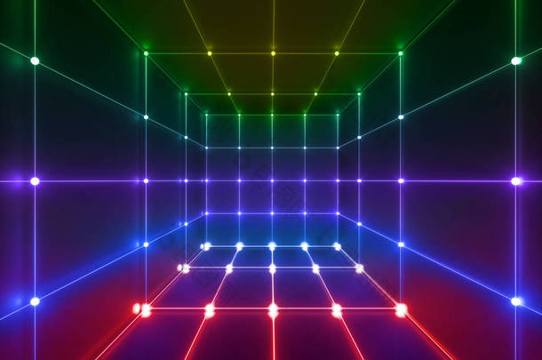 3d 渲染, 发光线, 霓虹灯, 抽象的迷幻背景, 立方体笼, <strong>紫外线</strong>, 频谱鲜艳的颜色, 激光显示
