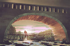 在日落时的老桥下河通