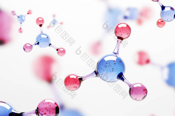 蓝色和红色分子原子网格在白色背景。科学, Dna, 生物<strong>技术的</strong>概念。3d 渲染模拟模糊