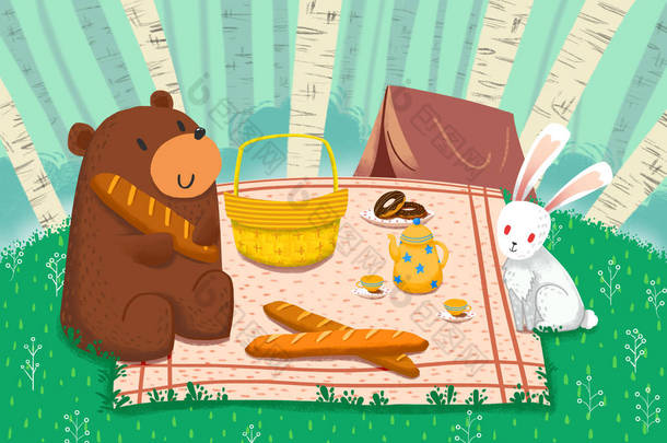 熊和兔子插图的特写视图