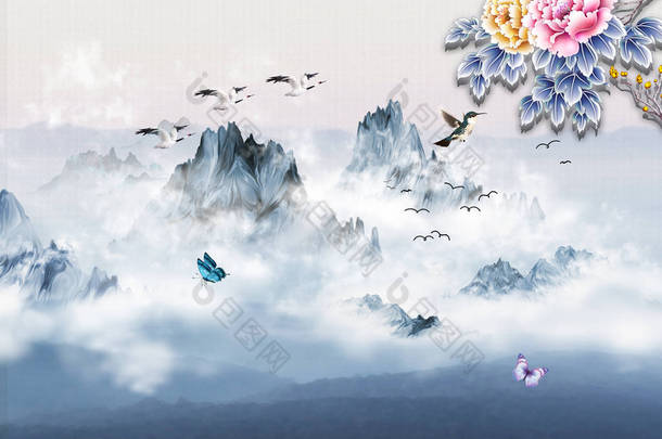 <strong>风景图</strong>，雾，山，灰色的天空，飞鸟和蝴蝶