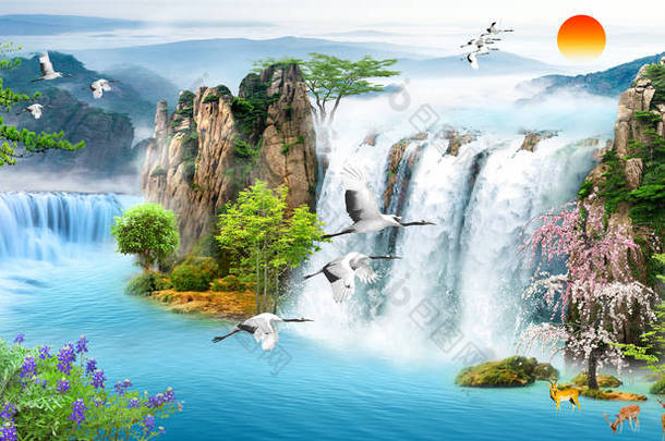 抽象花卉背景, 3d, 瀑布, 森林, 飞禽