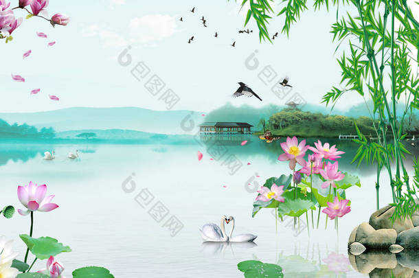 景观插图，湖，雾，森林，水上梯田，两对天鹅，粉红色的睡莲，竹子，天空中的鸟群