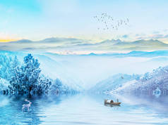 风景例证, 湖, 雾, 小船上的渔夫, 鹿, 森林, 小山, 日出, 一群鸟飞入距离