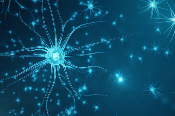 具有发光链结的神经元细胞的概念说明。传递电子<strong>化学</strong>信号的突触和神经元细胞。电脉冲互联神经元神经元, 3d 图示